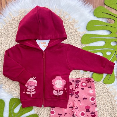 Conj. Jaqueta com Capuz Duas Florzinhas e Calça Legging - Bordo e Rose